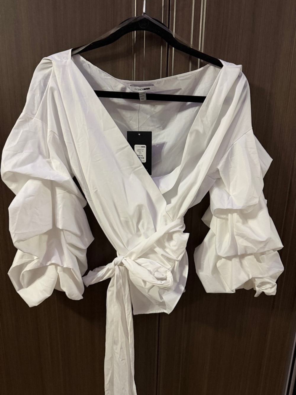 Fashion Nova White Puff Sleeve Wrap Top with Tie